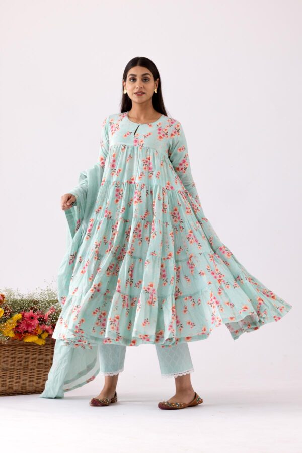 GULMEHER AQUA DIGITAL PRINT COTTON LAYERED ANARKALI WITH PLAZZO SET OF 3