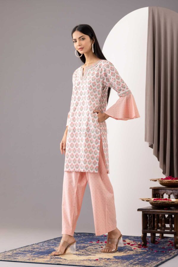 PHAGUN OLD ROSE PINK BLOCK PRINTED COTTON CAMBRIC STRAIGHT KURTA WITH PLAZZO SET OF 2