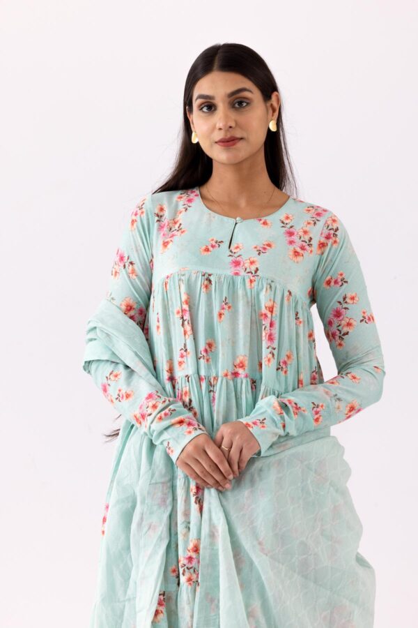 GULMEHER AQUA DIGITAL PRINT COTTON LAYERED ANARKALI WITH PLAZZO SET OF 3