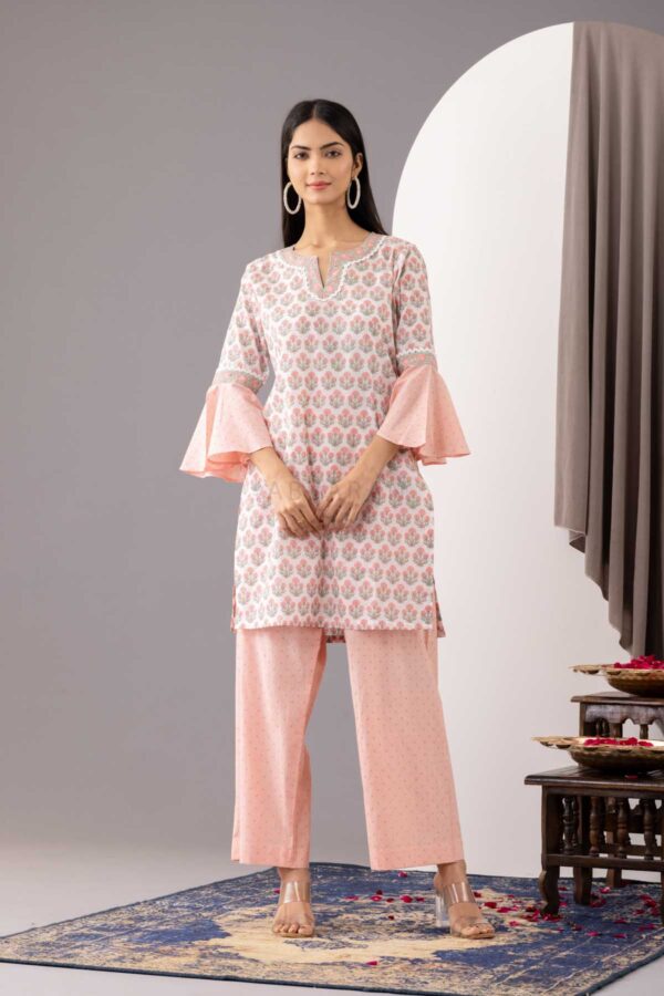 PHAGUN OLD ROSE PINK BLOCK PRINTED COTTON CAMBRIC STRAIGHT KURTA WITH PLAZZO SET OF 2