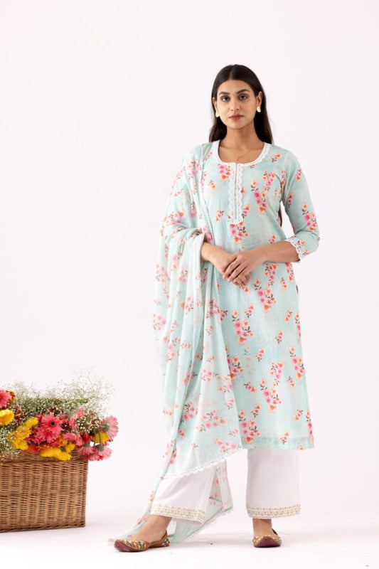 GULMEHER AQUA DIGITAL PRINT COTTON STRAIGHT KURTA WITH PLAZZO SET OF 3