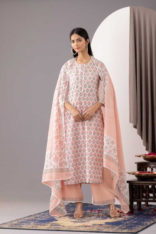 PHAGUN OLD ROSE PINK BLOCK PRINTED COTTON CAMBRIC STRAIGHT KURTA WITH PLAZZO SET OF 3