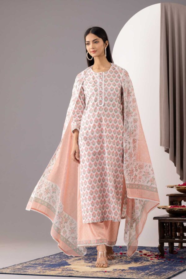 PHAGUN OLD ROSE PINK BLOCK PRINTED COTTON CAMBRIC STRAIGHT KURTA WITH PLAZZO SET OF 3