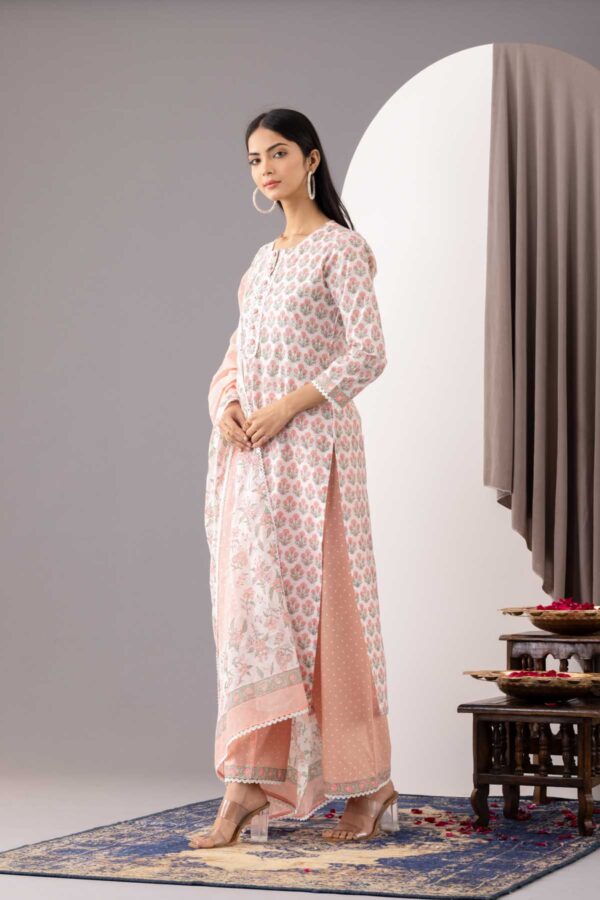 PHAGUN OLD ROSE PINK BLOCK PRINTED COTTON CAMBRIC STRAIGHT KURTA WITH PLAZZO SET OF 3