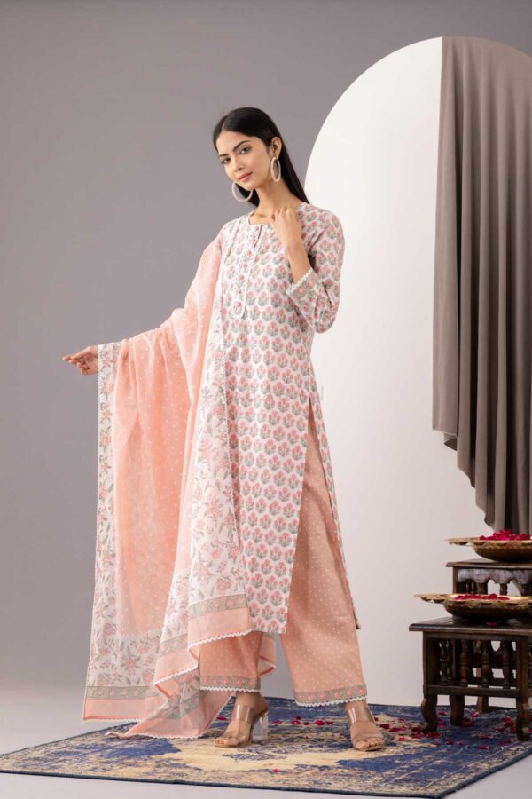 PHAGUN OLD ROSE PINK BLOCK PRINTED COTTON CAMBRIC STRAIGHT KURTA WITH PLAZZO SET OF 3