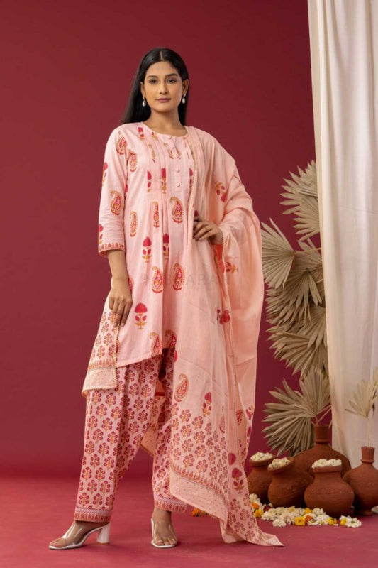 PHAGUN OLD ROSE PINK BLOCK PRINTED PINTUCK COTTON CAMBRIC KURTA WITH SALWAR SET OF 3