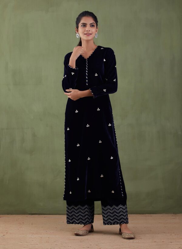 Sunehri Embroidered-Velvet Straight Kurta and Plazzo With Gotta Patti Work