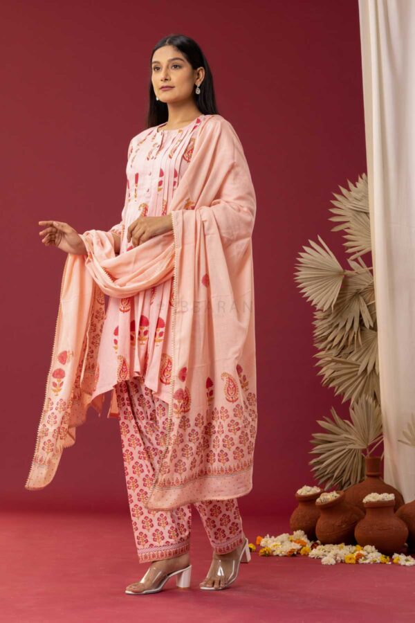 PHAGUN OLD ROSE PINK BLOCK PRINTED PINTUCK COTTON CAMBRIC KURTA WITH SALWAR SET OF 3