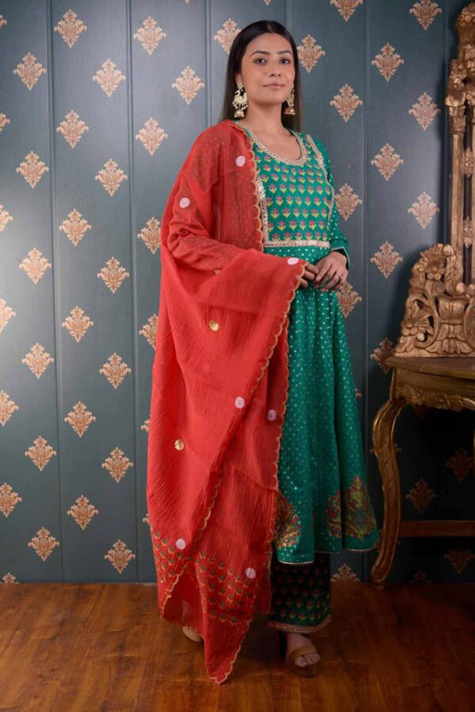 Jashan Green Banarasi Butty Chandary With Block Print Anarkali Set