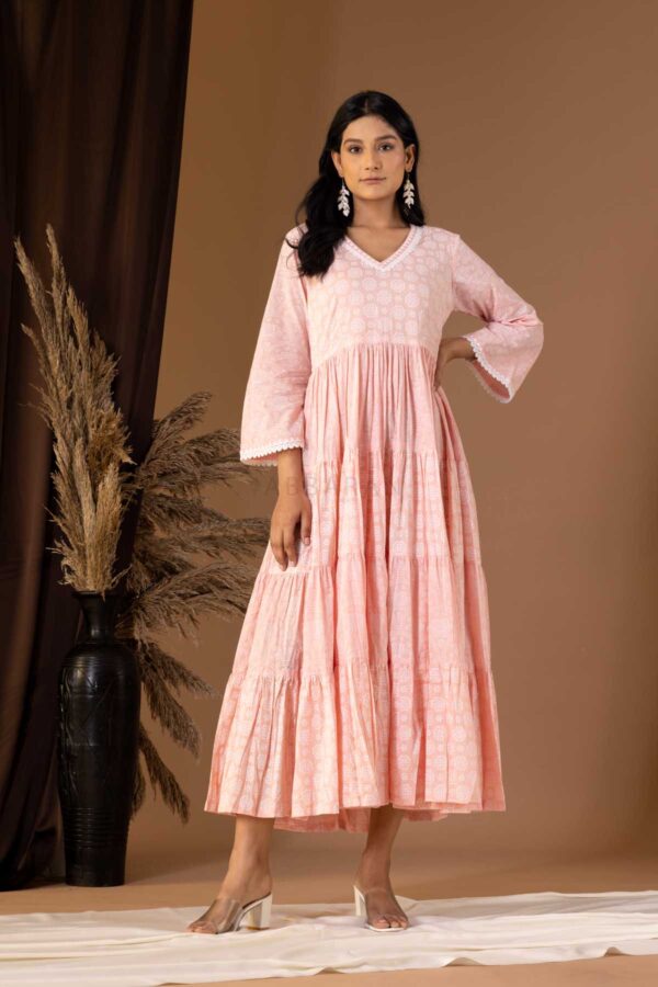 PHAGUN OLD ROSE PINK KHADI PRINTED COTTON CAMBRIC DRESS