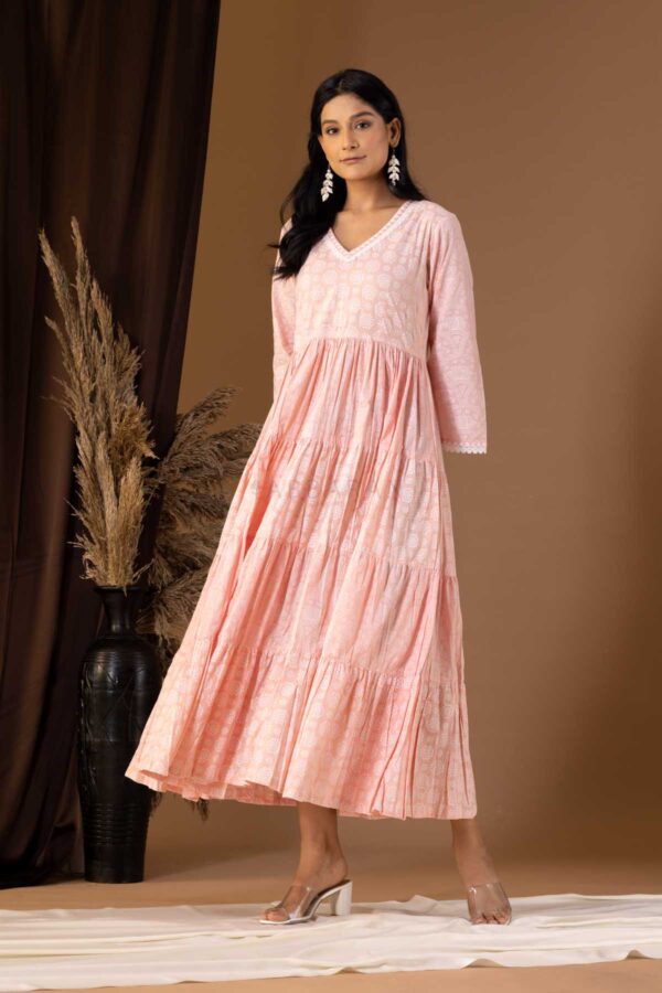 PHAGUN OLD ROSE PINK KHADI PRINTED COTTON CAMBRIC DRESS