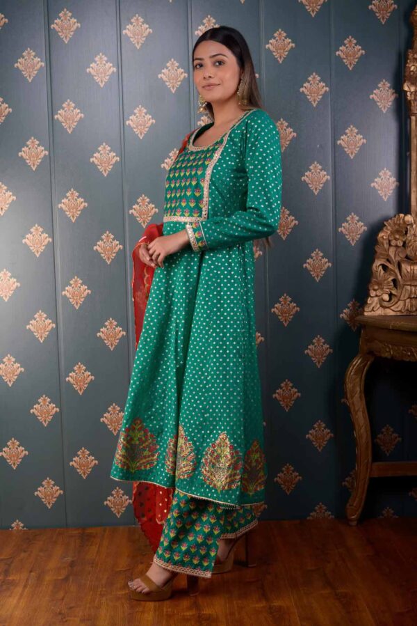 Jashan Green Banarasi Butty Chandary With Block Print Anarkali Set