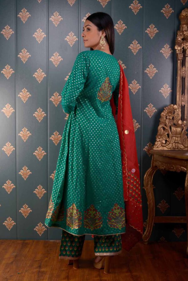 Jashan Green Banarasi Butty Chandary With Block Print Anarkali Set