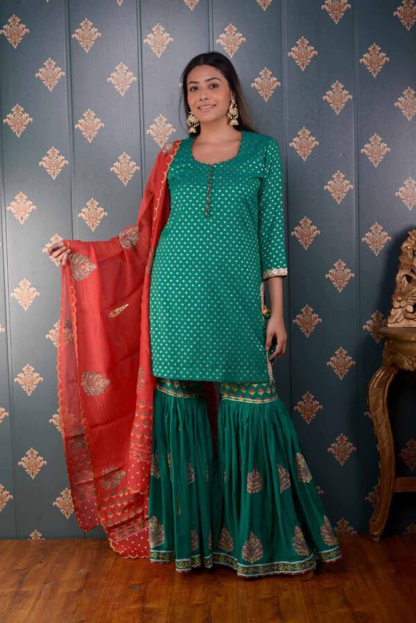 Jashan Green Banarasi Butty Chandary With Block Print Garara Set