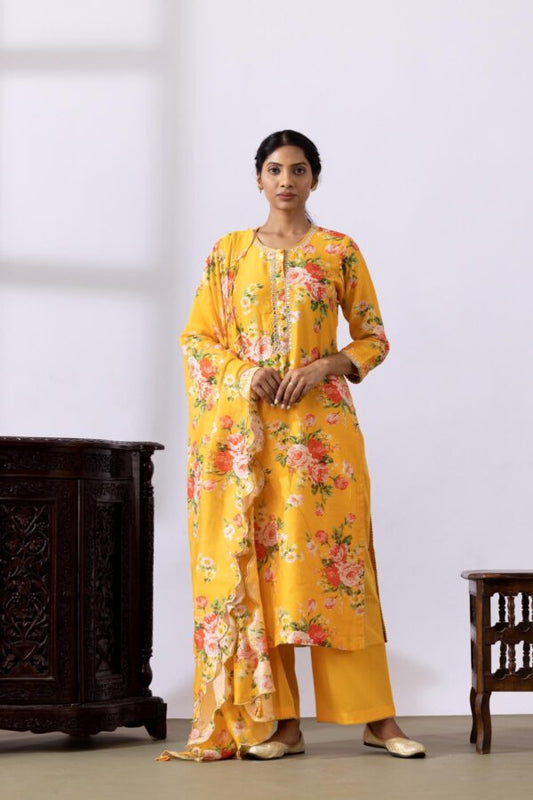 GULMEHER MUSTERED YELLOW DIGITAL PRINT CHANDARY KURTA SET OF 3