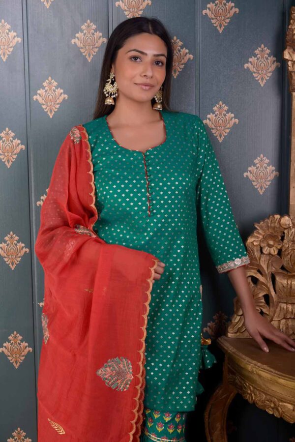 Jashan Green Banarasi Butty Chandary With Block Print Garara Set