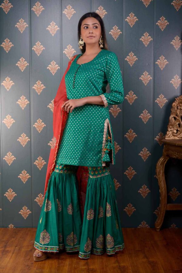 Jashan Green Banarasi Butty Chandary With Block Print Garara Set