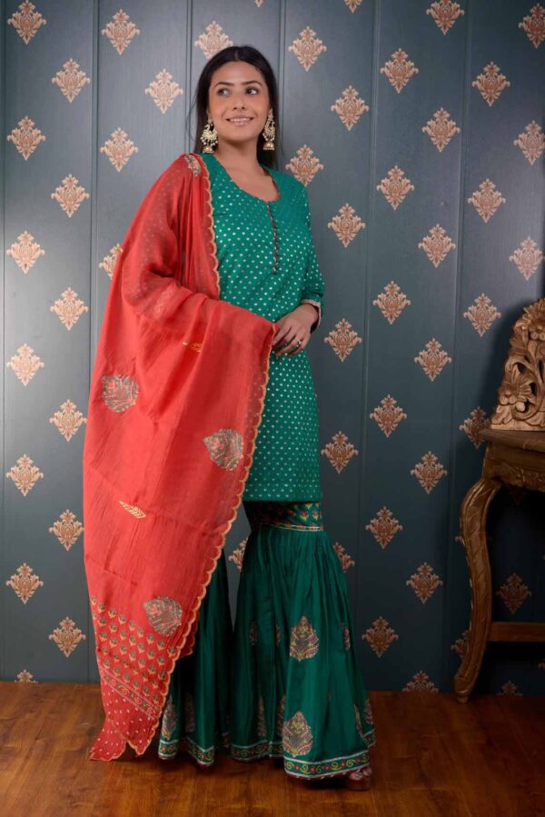 Jashan Green Banarasi Butty Chandary With Block Print Garara Set