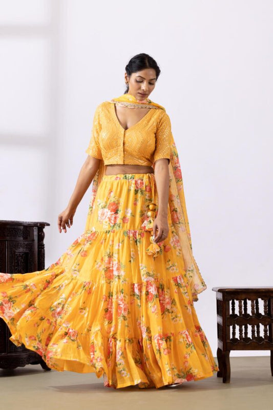 GULMEHER MUSTERED YELLOW DIGITAL PRINT CHANDARY LEHENGA SET OF 3