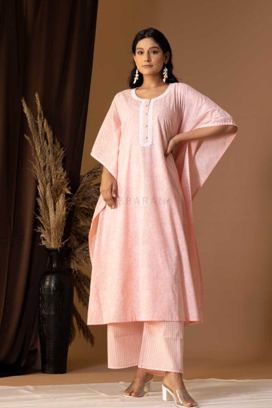 PHAGUN OLD ROSE PINK KHADI PRINTED COTTON CAMBRIC KAFTAN WITH PLAZZO SET OF 2