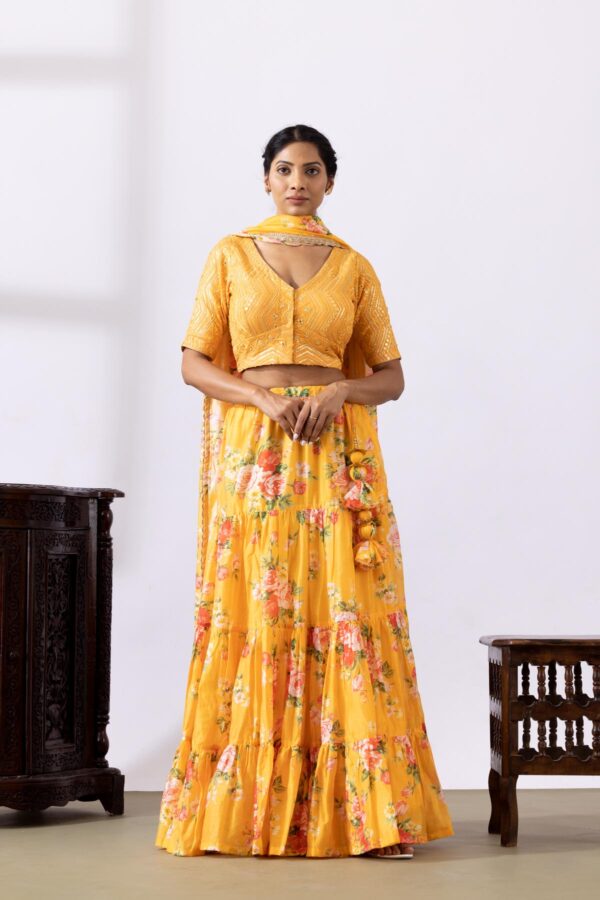 GULMEHER MUSTERED YELLOW DIGITAL PRINT CHANDARY LEHENGA SET OF 3