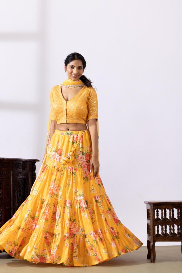 GULMEHER MUSTERED YELLOW DIGITAL PRINT CHANDARY LEHENGA SET OF 3