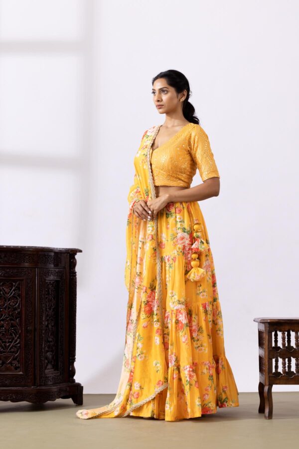 GULMEHER MUSTERED YELLOW DIGITAL PRINT CHANDARY LEHENGA SET OF 3