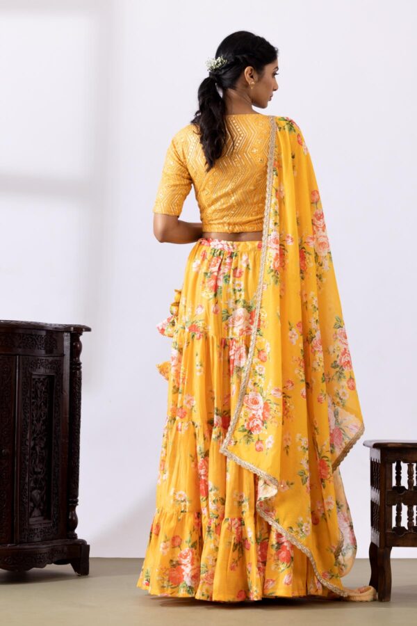 GULMEHER MUSTERED YELLOW DIGITAL PRINT CHANDARY LEHENGA SET OF 3