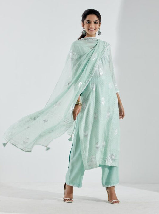 Noor Aqua Straight Kurta 3Pc Set