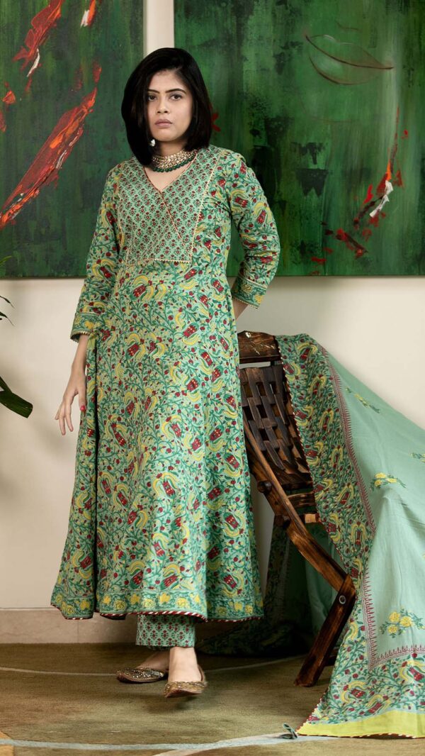 Masakali Green Hand Block Printed Anarkali with Gotta Lace Work