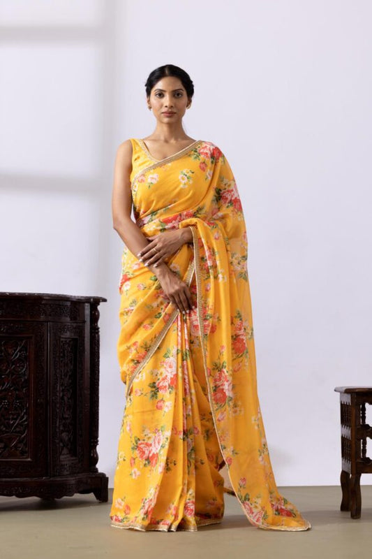 GULMEHER MUSTERED YELLOW DIGITAL PRINT CHANDARY READY TO WEARE SAREE SET OF 2