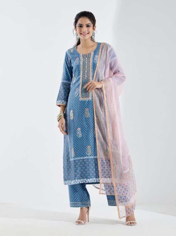 Gul Bahaar Blue Straight Kurta 3Pc Set