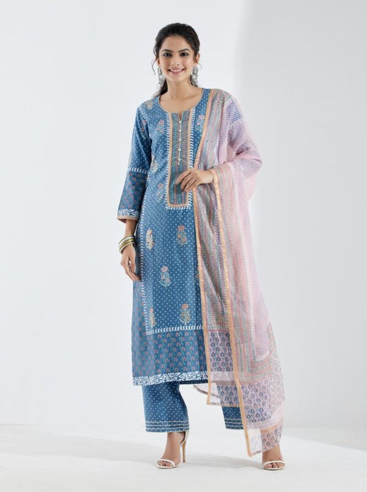 Gul Bahaar Blue Straight Kurta 3Pc Set