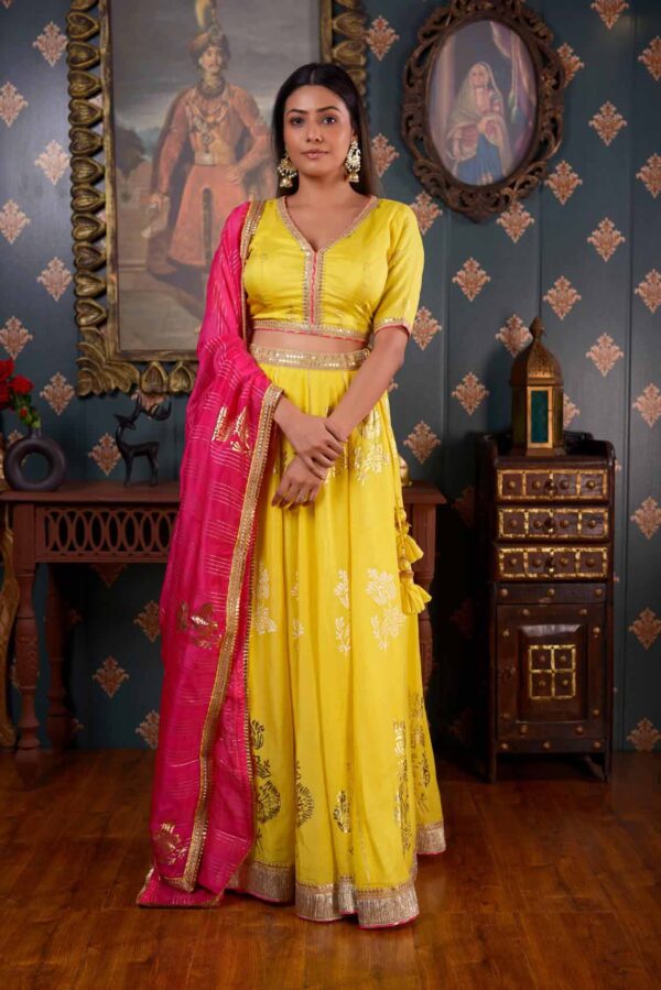 Jashan Foil Printed Cotton Silk Lemon Yellow Lehenga Set