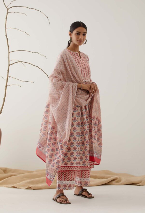 Gulal Light Pink Handblock Printed Gathered Kurta with Lace Finish