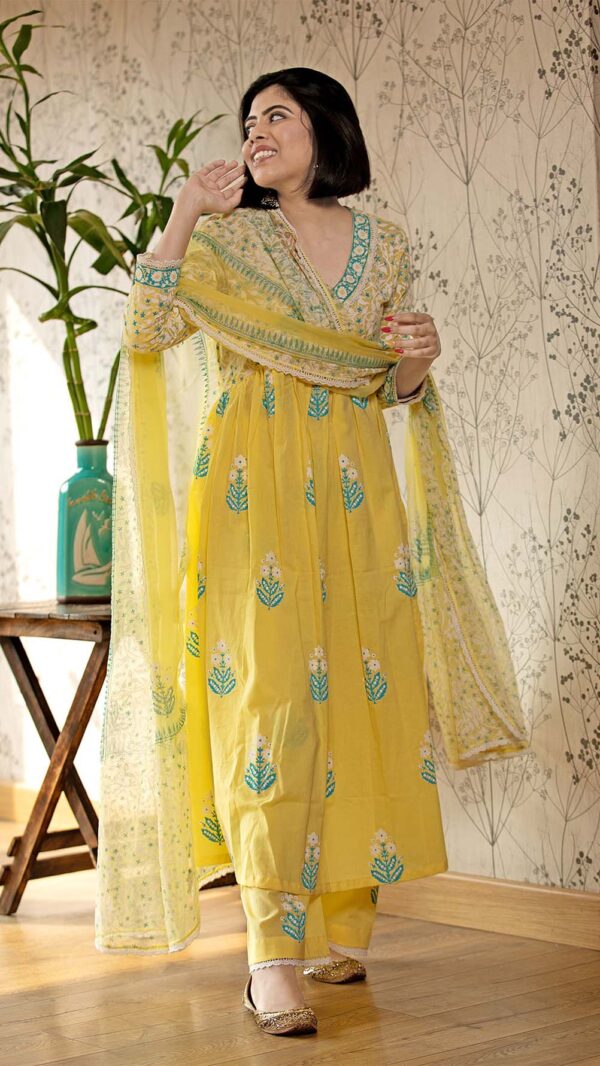 Ruh Yellow Hand Block Printed Gathered Kurta with Lace Finish