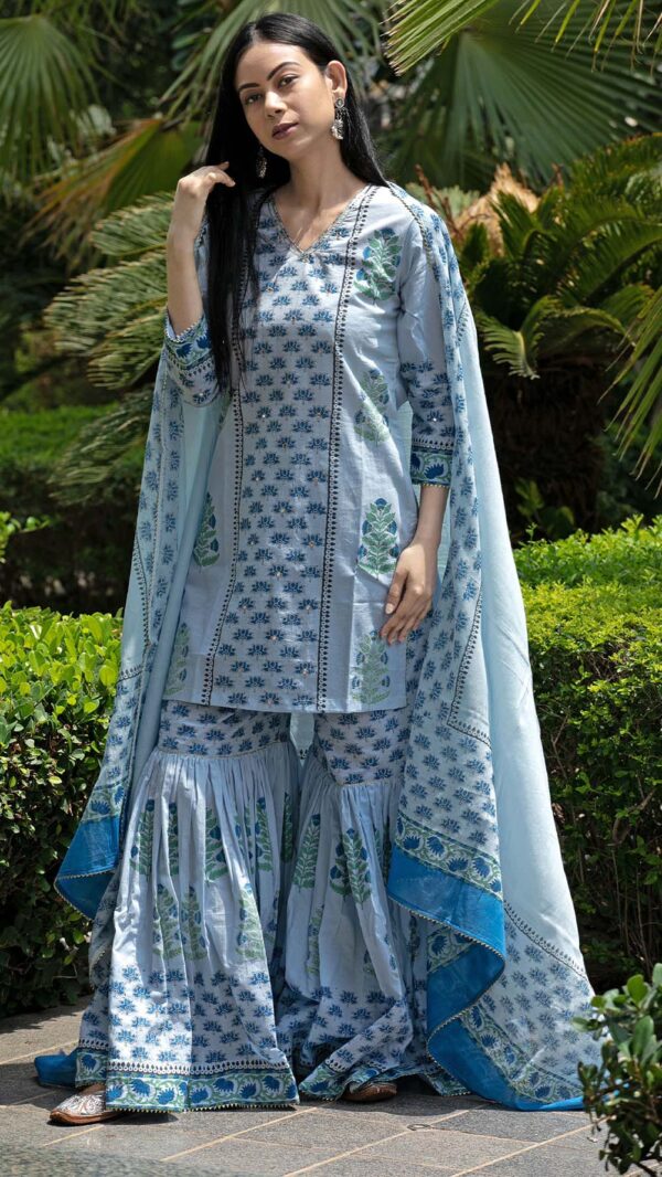 Bahar Ice Blue Hand Block Printed Short Kurta Garara with Gotta Lace Work