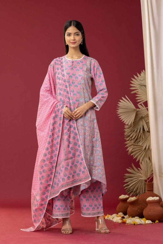 PHAGUN PINK BLUE BLOCK PRINTED COTTON CAMBRIC HIGH LOW KURTA WITH PLAZZO SET OF 3