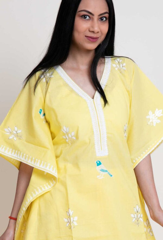 Bird Foil Printed Kaftan With Lace Finish. Plazzo With Abstract Design Print