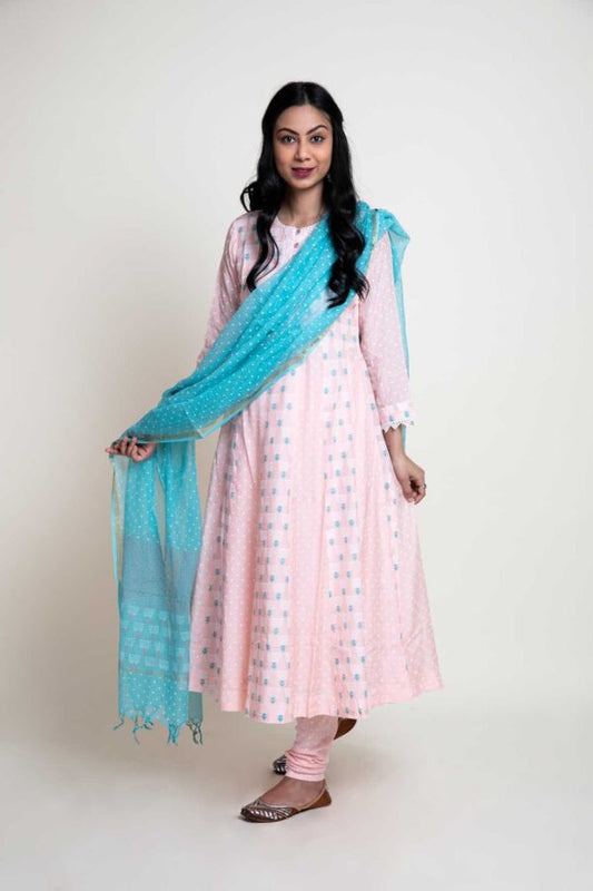 Block Printed Anarkali With Printed Chudidar and Kota Block Printed Contrast Dupatta