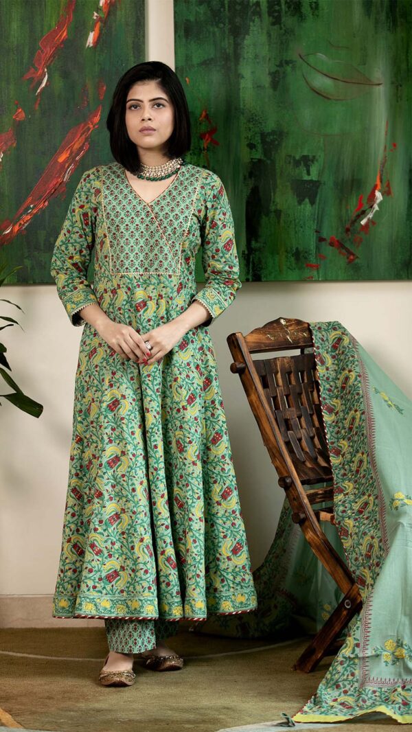 Masakali Green Hand Block Printed Anarkali with Gotta Lace Work