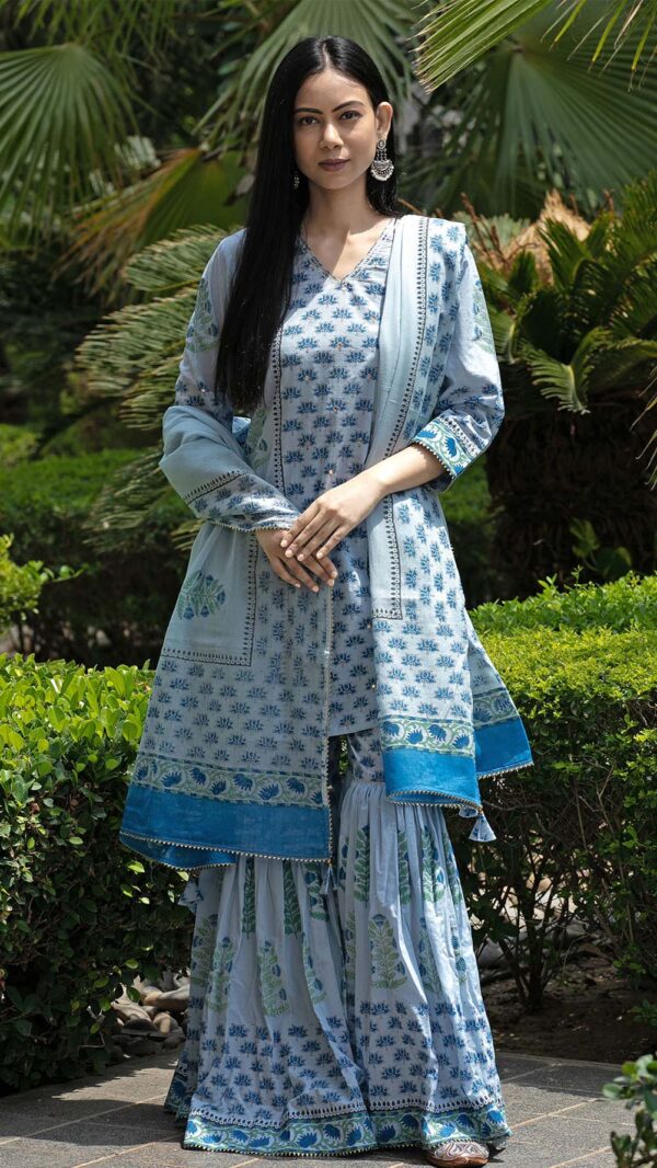 Bahar Ice Blue Hand Block Printed Short Kurta Garara with Gotta Lace Work