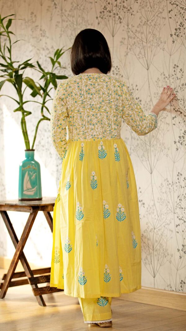 Ruh Yellow Hand Block Printed Gathered Kurta with Lace Finish