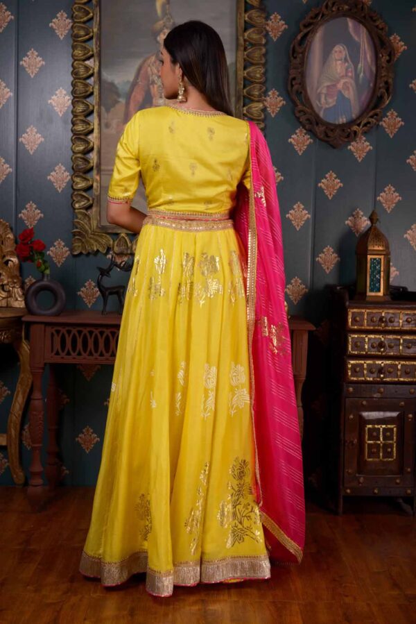 Jashan Foil Printed Cotton Silk Lemon Yellow Lehenga Set