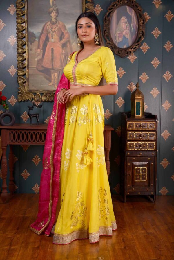 Jashan Foil Printed Cotton Silk Lemon Yellow Lehenga Set