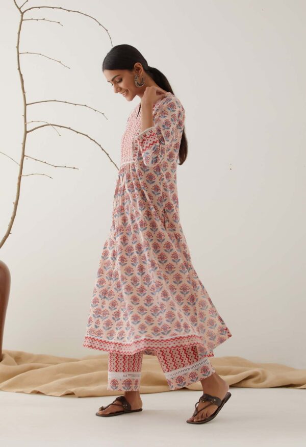 Gulal Light Pink Handblock Printed Gathered Kurta with Lace Finish