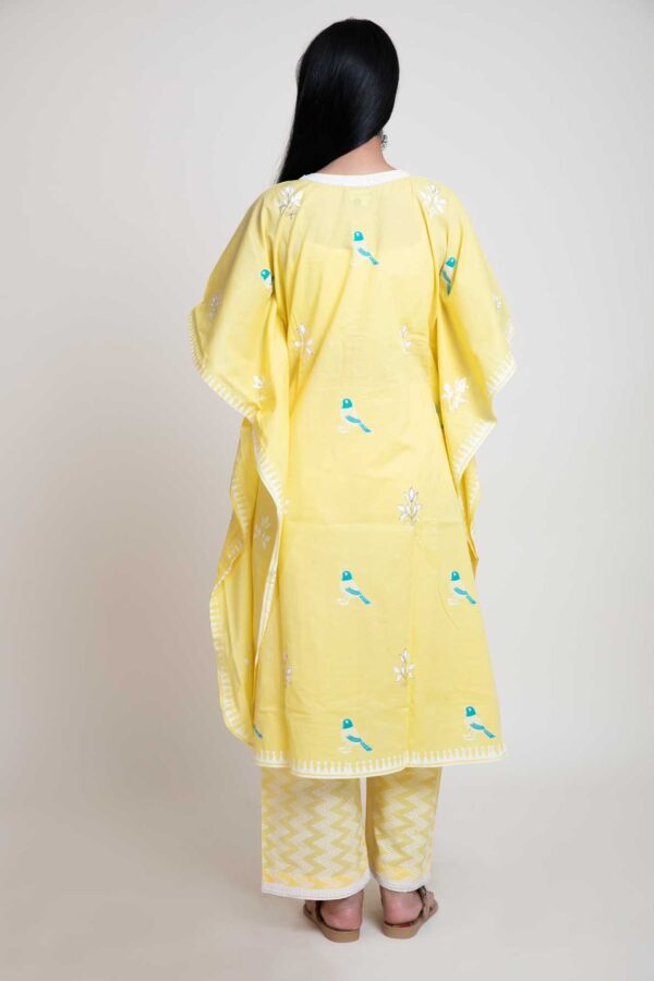 Bird Foil Printed Kaftan With Lace Finish. Plazzo With Abstract Design Print