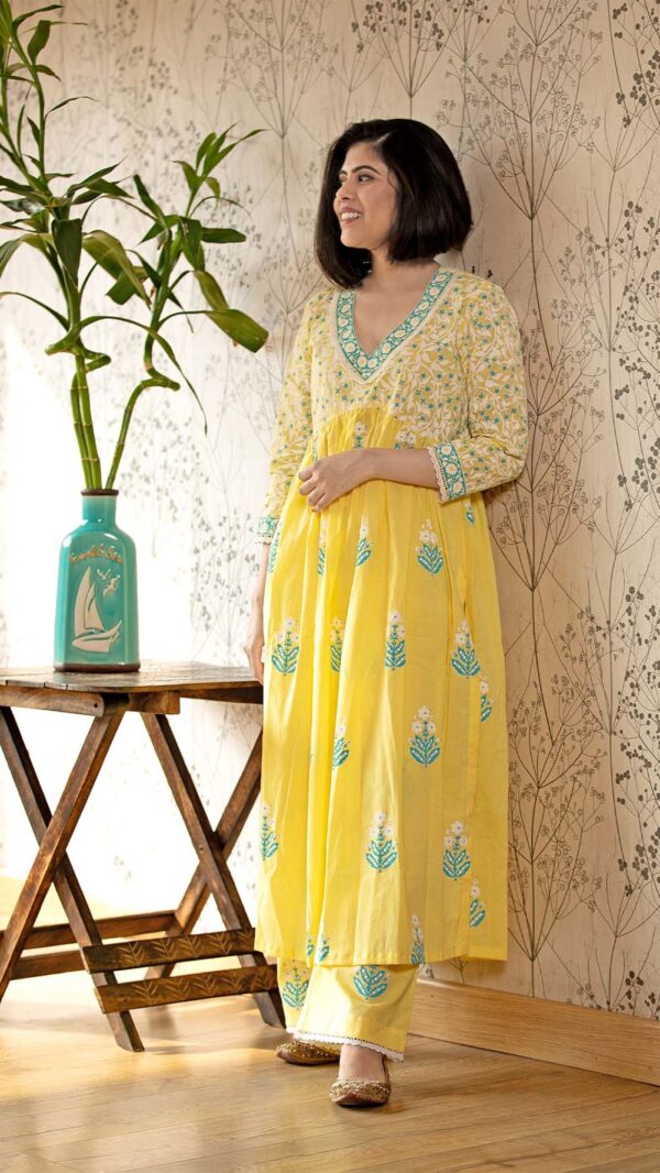 Ruh Yellow Hand Block Printed Gathered Kurta with Lace Finish