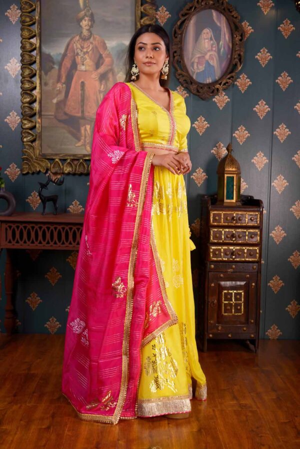 Jashan Foil Printed Cotton Silk Lemon Yellow Lehenga Set