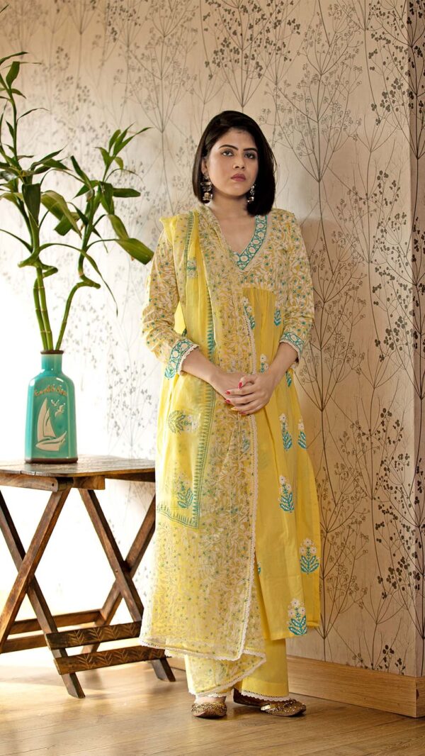 Ruh Yellow Hand Block Printed Gathered Kurta with Lace Finish